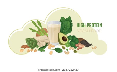 Vegan protein food composition with editable text and pile with cashew nuts avocado beans and lettuce vector illustration