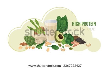 Vegan protein food composition with editable text and pile with cashew nuts avocado beans and lettuce vector illustration