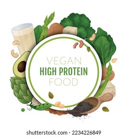 Vegan protein food frame composition with editable text in circle surrounded by salad grits and beans vector illustration