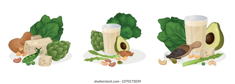 Composiciones de tres composiciones con vasos de ensalada de leche de soja e ilustración vectorial de aguacate