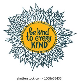 Vegan quote about kind for t shirt. Be kind to every kind. Vector concept lettering for print on t shirt, mug, cover. Be vegan