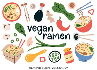 Vegan ramen hand drawn collection, doodle icons of noodle soup with different toppings, vector illustrations of tofu, bok choy, mushrooms, Asian food in bowls with chopsticks, isolated colored clipart