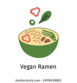 Vegan ramen vector illustration in flat cartoon style. Japanese noodle soup with bok choy, beans, nori, scallion, and red pepper in a bowl. Asian cuisine doodle, delicious and savory meal