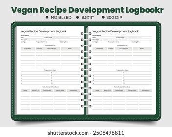 Plantilla de seguimiento de cuaderno de registro de desarrollo de recetas veganas, Ilustración vectorial de planificador imprimible.