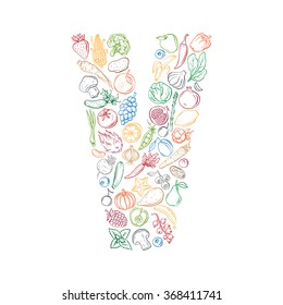 Vegan related t-shirt print made of vegetables, fruits and berries. Ink vector illustration. Hand drawn design elements. Perfect for menu decoration, patterns, posters and prints.