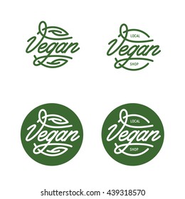 Vegan related typography. Handwritten lettering for restaurant, cafe menu. Vector elements for labels, logos, badges, stickers or icons. Vegan shop advertising. Vegan menu. Vintage style illustration.