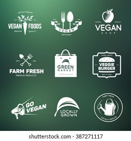 Vegan related vintage badges, labels and design elements. Vegetarian emblems for shop, cafe, restaurant. Vector illustration.