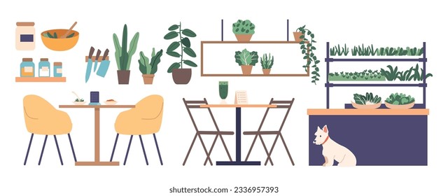 Vegan Restaurant Equipment and Furniture Isolated Icons Set. Tables, Chairs, Shelf with Microgreens and Plants, Spices