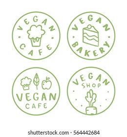 Vegan round badges. Vector linear hand drawn labels.