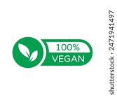 Vegan Round Green Vector Sign with Leaves on White Background. Organic, Bio and Ecological Label. Meat free, Eco, Lactose free, Healthy, Fresh and Non Violent Food.	
