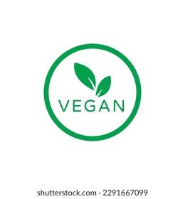 Signo de vector verde vegan redondo con hojas en fondo blanco. Símbolo orgánico, biológico y ecológico. Comida libre de carnes, ecológicas, sin lactosa, saludable, fresca y no violenta.