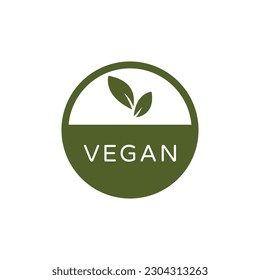 Vegan Round Green Vector Sign with Leaves on White Background. Organic, Bio and Ecological Label. Meat free, Eco, Lactose free, Healthy, Fresh and Non Violent Food.