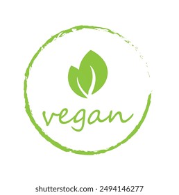Vegan Round Green Vector Sign with Leaves on White Background. Organic, Bio and Ecological Label. Meat free, Eco, Lactose free, Healthy, Fresh and Non Violent Food.