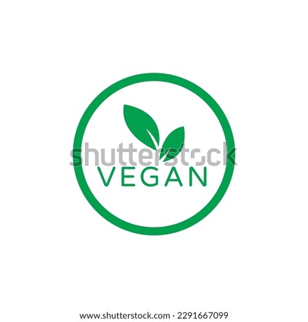 Vegan Round Green Vector Sign with Leaves on White Background. Organic, Bio and Ecological Symbol. Meat free, Eco, Lactose free, Healthy, Fresh and Non Violent Food.