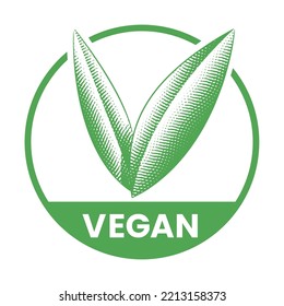 Vegan Round Icon with Engraved Green Leaves isolated on a White Background