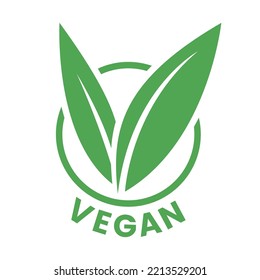 Vegan Round Icon with Green Leaves isolated on a White Background