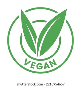 Vegan Round Icon with Green Leaves isolated on a White Background