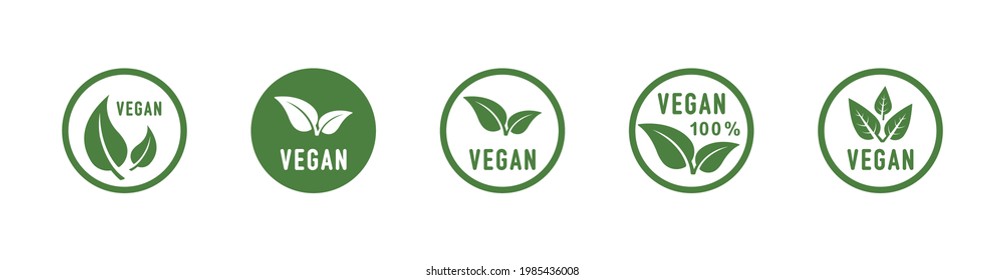 Vegan round icons set. Vegan food sign with leaves. Logo for cafe restaurants packaging design. Organic Logos and Badges. Labels. Vegan food diet icon, healthy food. Vector illustration. EPS 10