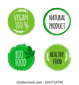 Vegan round logos, badges. Set of hand drawn bio, healthy food badges. Vector illustration.