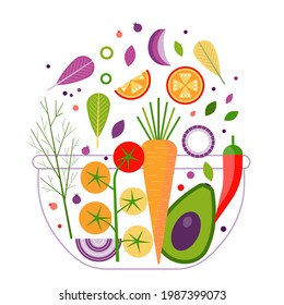 Vegan salad bowl food ingredient fly in air. Vegetable plate recipe for vegetarian dinner with organic vegetables flying. Raw food diet concept with carrot, pepper, avocado and tomatoes.