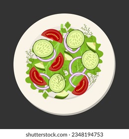 Ensalada vegana con pepino, tomate, cebolla y eneldo. Vista superior en un plato. Ilustración vectorial.