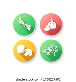 Vegan salad ingredient flat design long shadow glyph icons set. Asparagus spear. Whole garlic. Fresh herbs. Veggies for vegetarian recipe. Nutrient diet food. Silhouette RGB color illustration