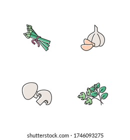 Vegan salad ingredient RGB color icons set. Asparagus spear. Whole garlic. Sliced mushroom. Fresh herbs. Veggies for vegetarian recipe. Nutrient diet food. Isolated vector illustrations