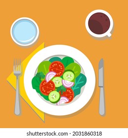 A vegan salad set, healthy food with elements of fork, knife, napkin, coffee and water on orange background, good food good life, bird eye view vector, tomato, onion, cucumber, lettuce, romaine 