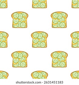 vegan sandwich seamless pattern of toast with cheese, cucumber and pepper for healthy breakfast or lunch isolated on white background,  flat vector illustration