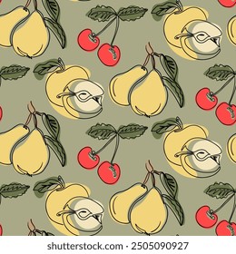 Vegan seamless pattern with contour drawing of organic ordinary fruits. Botanical illustration. Vegan food concept on green background in boho style