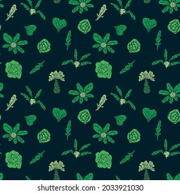 Vegan seamless pattern with different cabbages: white cabbage, kohlrabi, cauliflower, brussels sprouts and green leaves