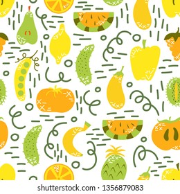 Vegan seamless pattern. Flat fruits and vegetables in cartoon style with doodles. Vegetarian. Vector illustration.