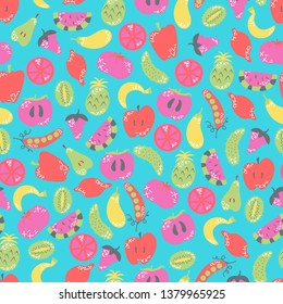 Vegan seamless pattern. Flat fruits and vegetables in cartoon style with doodles. Vegetarian. Vector illustration.