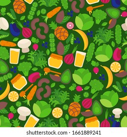 Vegetación sin fisuras con frutas y verduras aisladas en estilo plano, ilustración vectorial. Fondo repetido para envolver papel o impresión de tela. Alimentos orgánicos saludables, ingredientes frescos de la dieta vegetariana