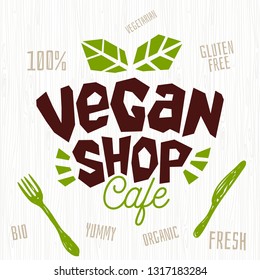 Vegan shop cafe logo fresh organic, hundred percent vegan vegetarian yummy sign knife fork design element for stickers, product labels. Hand drawn vector illustration.