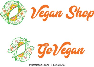 Vegan shop logo with leaf icon illustration in orange and green colors_Go Vegan letters