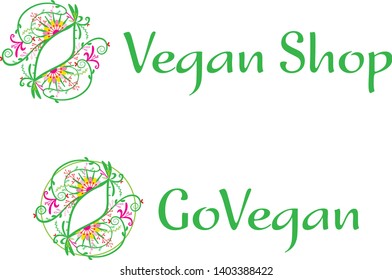 Vegan shop logo with leaf icon illustration in green yellow and pink colors_Go Vegan letters