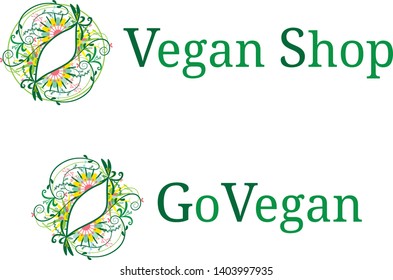 Vegan shop logo with leaf icon illustration in dark green yellow and peach colors. Go Vegan letters