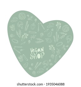 Vegan shop sign with outline vegetables frame for price list. Handwritten lettering fresh font for signboard, window door stickers. Vector stock illustration isolated on white background.