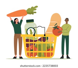 Vegan shopping concept. Man and woman with natural and organic products. Online store or market and home delivery of goods. Healthy eating and active lifestyle. Cartoon flat vector illustration