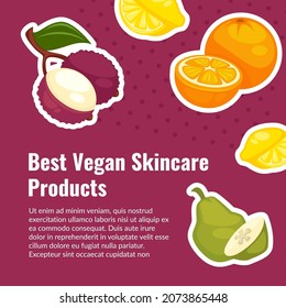 Vegan skincare products, best cosmetics with natural and organic ingredients. Pear and orange elements and vitamins. Promo banner, advertisement or healthy food presentation. Vector in flat style