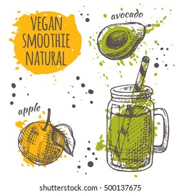 Vegan smoothie natural card with apple and avocado. Detox cocktail. Healthy life. Hand drawn vector illustration on the watercolor splash. Can be used for menu, cafe, restaurant, bar.
