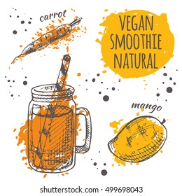 Vegan smoothie natural card with carrot and mango. Detox cocktail. Healthy life. Hand drawn vector illustration on the watercolor splash. Can be used for menu, cafe, restaurant, bar.