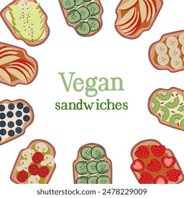 Vegan social media post template. Recipe for healthy eating illustration. Breakfast sandwiches with different  toppings.