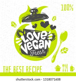 Vegan soup love heart logo fresh organic recipes hundred percent vegan vegetarian yummy sign pot spoon design element for stickers, product labels. Hand drawn vector illustration