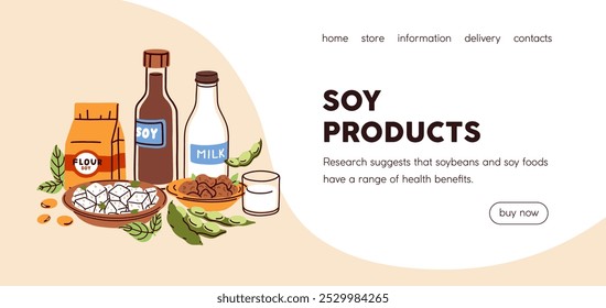 Productos de soja veganos, diseño de Sitio web de tienda de comestibles vegetarianos. Alimentos orgánicos a base de plantas, nutrición de soja, Anuncio de Web en línea, Plantilla del sitio. Página web, tienda de alimentación natural. Ilustración vectorial plana