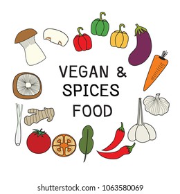 vegan and spices food cartoon, with muchroom, spices, tomatoes, garlic, chilies and carrot