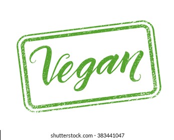 Vegan stamp with hand drawn lettering isolated on white. Layered vector illustration, can be placed on any background you like. Label, badge template