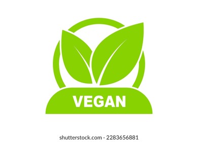 Plantilla de logotipo vectorial de icono de sello vego. Vegan, sin carne, sin lactosa, comida sana, fresca y no violenta. Ilustración circular verde vectorial con hojas para pegatinas, etiquetas y logotipos