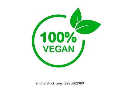 Vegan stamp icon vector logo template. Vegan, no meat, lactose free, healthy, fresh and nonviolent food. Round green vector illustration with leaves for stickers, labels and logos